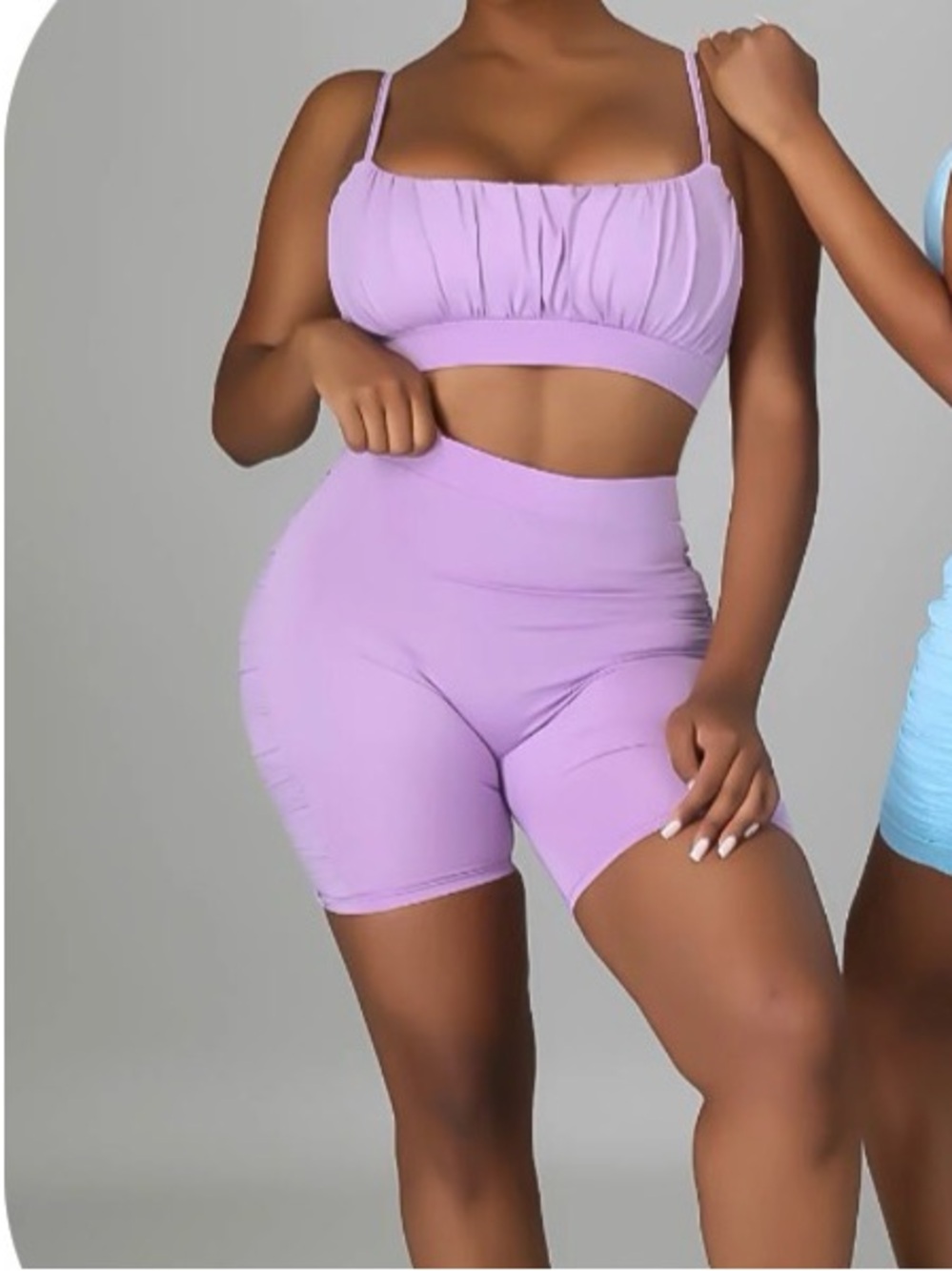Two-Piece Ruched Crop Top & Biker Shorts Set - Lavender
